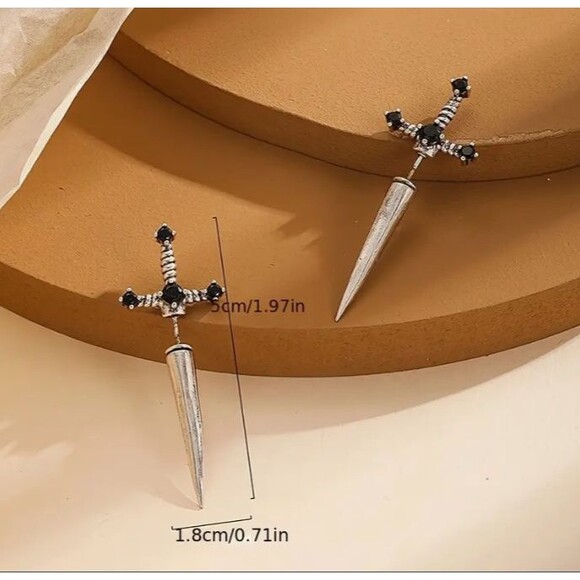 Silver Rhinestones DAGGER Earrings Halloween Gothic Stab - Picture 5 of 5